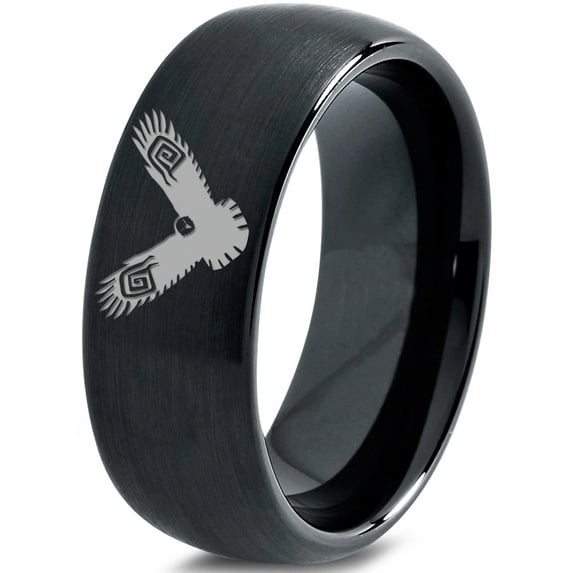 Tungsten Flying Eagle Band Ring 8mm Men Women Comfort Fit Black Dome Brushed Polished