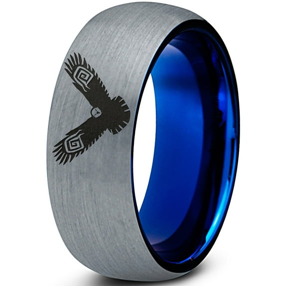 Tungsten Flying Eagle Band Ring 8mm Men Women Comfort Fit Blue Dome Brushed Gray Polished