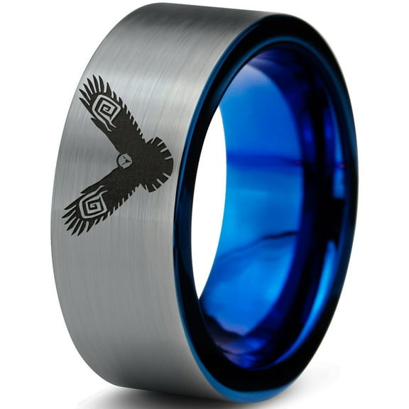 Tungsten Flying Eagle Band Ring 8mm Men Women Comfort Fit Blue Flat Cut Brushed Gray Polished