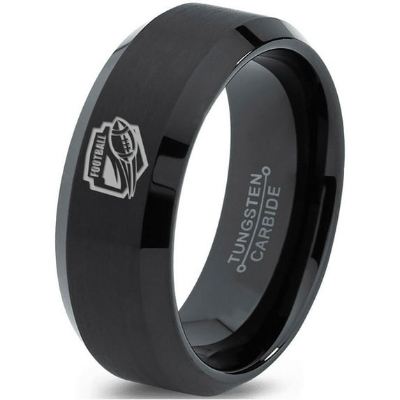 Tungsten Football Players Band Ring 8mm Men Women Comfort Fit Black Beveled Edge Brushed Polished