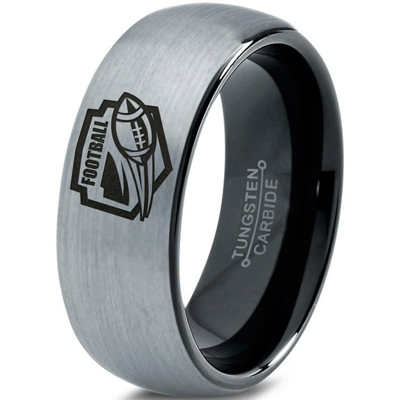 Tungsten Football Players Band Ring 8mm Men Women Comfort Fit Black Dome Brushed Gray Polished