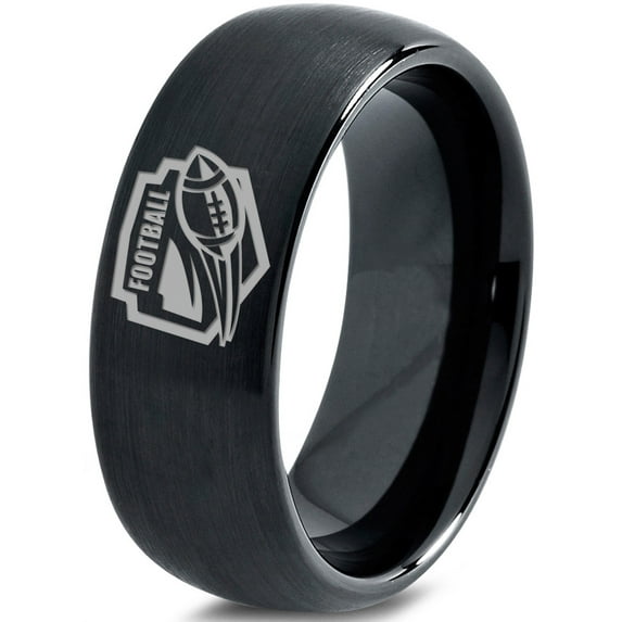 Tungsten Football Players Band Ring 8mm Men Women Comfort Fit Black Dome Brushed Polished