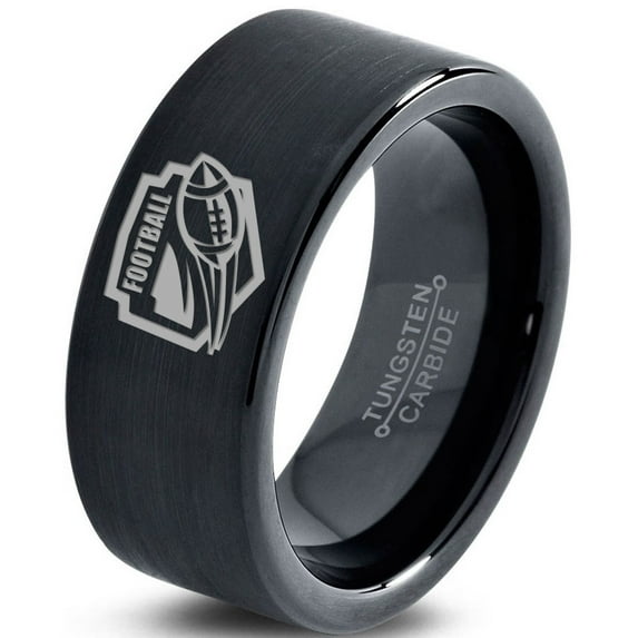 Tungsten Football Players Band Ring 9mm Men Women Comfort Fit Black Flat Cut Brushed Polished