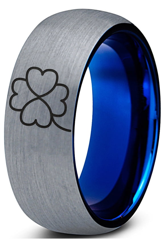 Tungsten Four Leaf Heart Clover Band Ring 8mm Men Women Comfort Fit Blue Dome Brushed Gray Polished