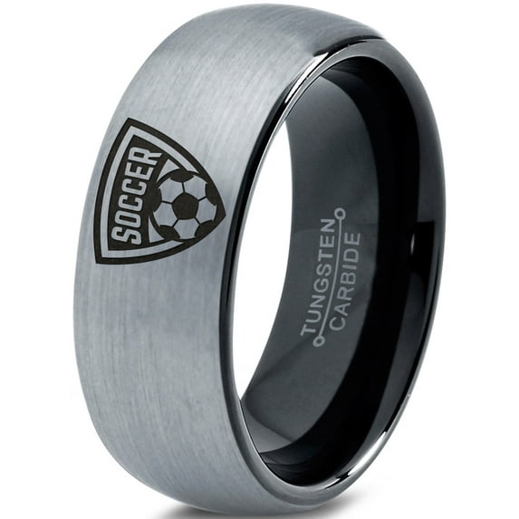 Tungsten Futbol Soccer Player Crest Logo Band Ring 8mm Men Women Comfort Fit Black Dome Brushed Gray Polished
