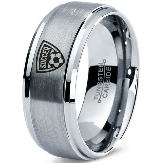 Tungsten Futbol Soccer Player Crest Logo Band Ring 8mm Men Women Comfort Fit Gray Step Bevel Edge Brushed Polished