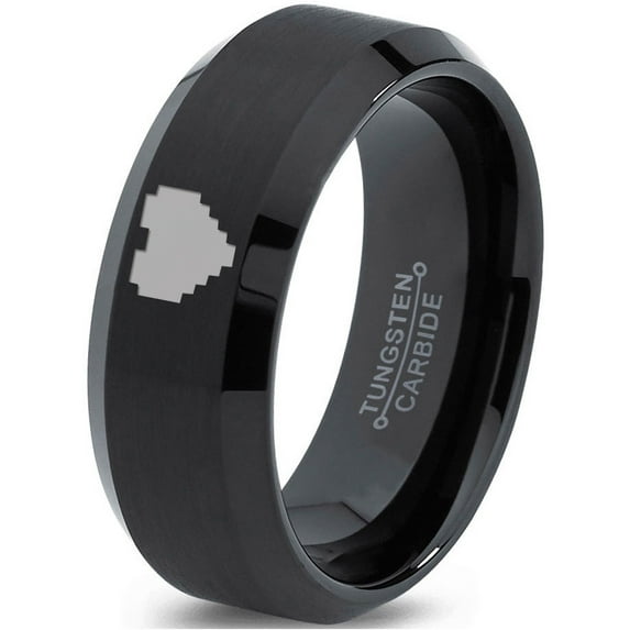 Tungsten Gamer Heart Band Ring 8mm Men Women Comfort Fit Black Beveled Edge Brushed Polished Size 15