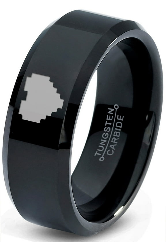Tungsten Gamer Heart Band Ring 8mm Men Women Comfort Fit Black Beveled Edge Polished Size 11.5
