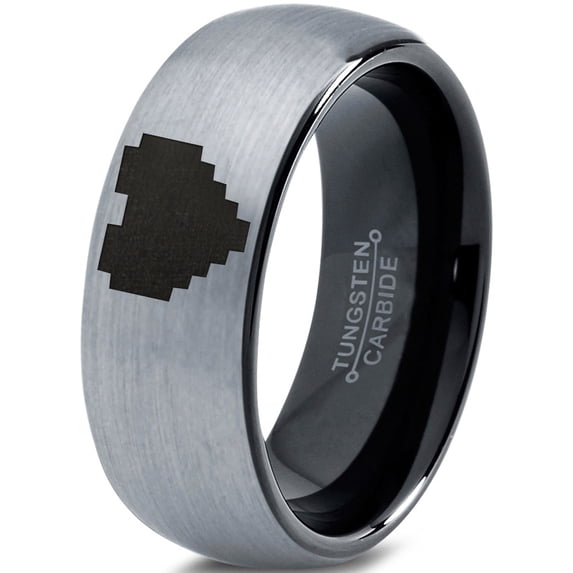 Tungsten Gamer Heart Band Ring 8mm Men Women Comfort Fit Black Dome Brushed Gray Polished Size 5