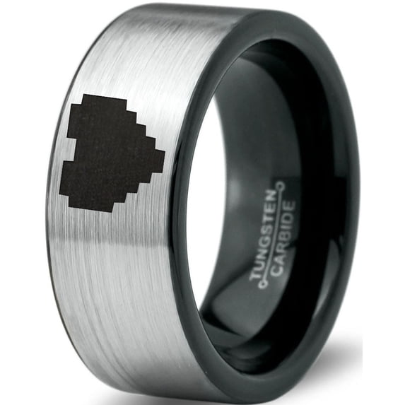 Tungsten Gamer Heart Band Ring 8mm Men Women Comfort Fit Brushed Gray Flat Cut Black Polished Size 12