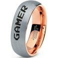 thumbnail image 1 of Tungsten Gamer Typography Writing Band Ring 7mm Men Women Comfort Fit 18k Rose Gold Dome Brushed Gray Polished, 1 of 4
