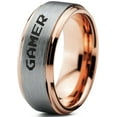thumbnail image 1 of Tungsten Gamer Typography Writing Band Ring 8mm Men Women Comfort Fit 18k Rose Gold Step Bevel Edge Brushed Polished, 1 of 4