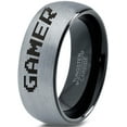 thumbnail image 1 of Tungsten Gamer Typography Writing Band Ring 8mm Men Women Comfort Fit Black Dome Brushed Gray Polished, 1 of 4
