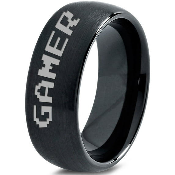 Tungsten Gamer Typography Writing Band Ring 8mm Men Women Comfort Fit Black Dome Brushed Polished
