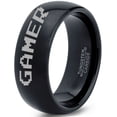 thumbnail image 1 of Tungsten Gamer Typography Writing Band Ring 8mm Men Women Comfort Fit Black Dome Polished, 1 of 4