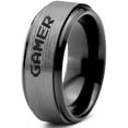 thumbnail image 1 of Tungsten Gamer Typography Writing Band Ring 8mm Men Women Comfort Fit Black Step Bevel Edge Brushed Gray Polished, 1 of 4