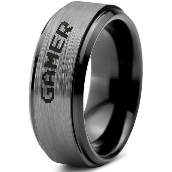 Tungsten Gamer Typography Writing Band Ring 8mm Men Women Comfort Fit Black Step Bevel Edge Brushed Gray Polished