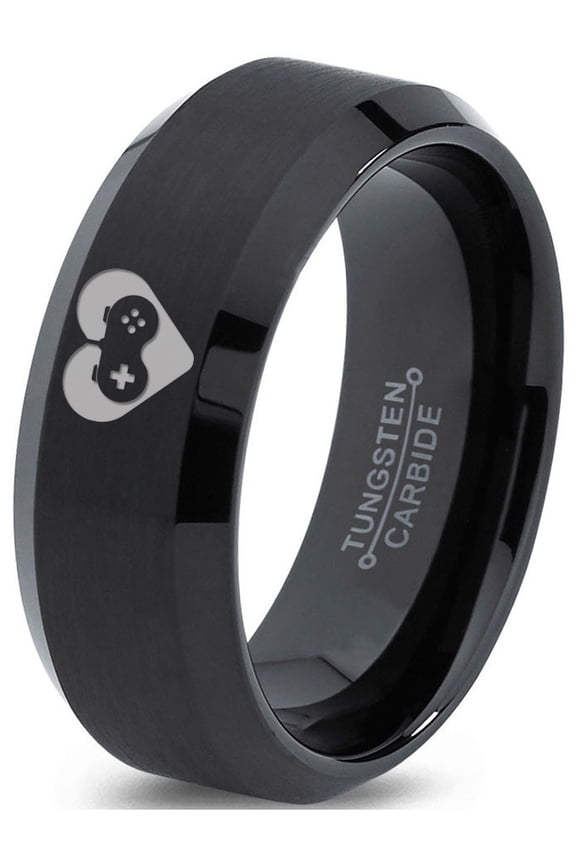 Tungsten Gaming Gamer Controller Pad Heart Emoji Band Ring 8mm Men Women Comfort Fit Black Beveled Edge Brushed Polished