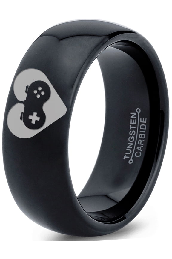 Tungsten Gaming Gamer Controller Pad Heart Emoji Band Ring 8mm Men Women Comfort Fit Black Dome Polished