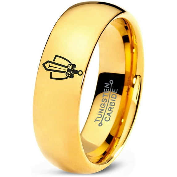 Tungsten Gaming Gamer Zelda Legend Sword Shield Band Ring 7mm Men Women Comfort Fit 18k Yellow Gold Dome Polished