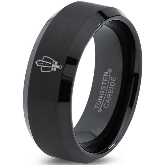 Tungsten Gaming Gamer Zelda Legend Sword Shield Band Ring 8mm Men Women Comfort Fit Black Beveled Edge Brushed Polished