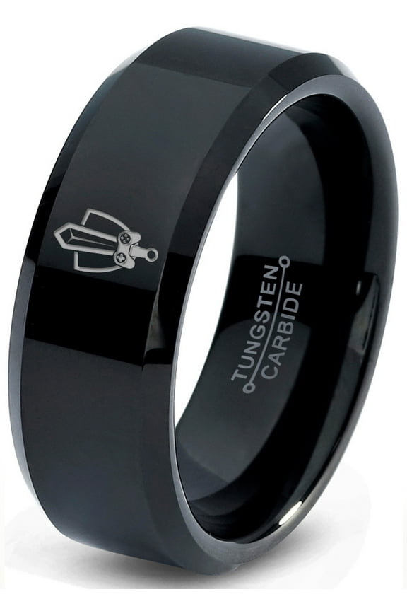 Tungsten Gaming Gamer Zelda Legend Sword Shield Band Ring 8mm Men Women Comfort Fit Black Beveled Edge Polished