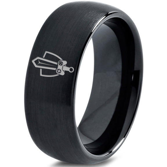 Tungsten Gaming Gamer Zelda Legend Sword Shield Band Ring 8mm Men Women Comfort Fit Black Dome Brushed Polished