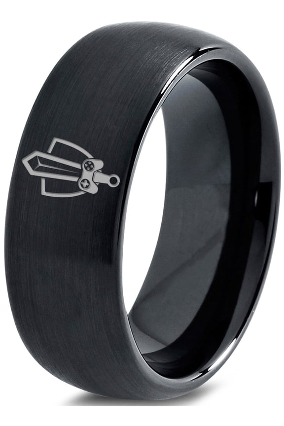 Tungsten Gaming Gamer Zelda Legend Sword Shield Band Ring 8mm Men Women Comfort Fit Black Dome Brushed Polished