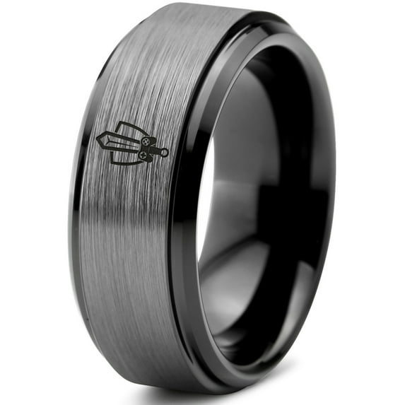 Tungsten Gaming Gamer Zelda Legend Sword Shield Band Ring 8mm Men Women Comfort Fit Black Step Bevel Edge Brushed Gray Polished