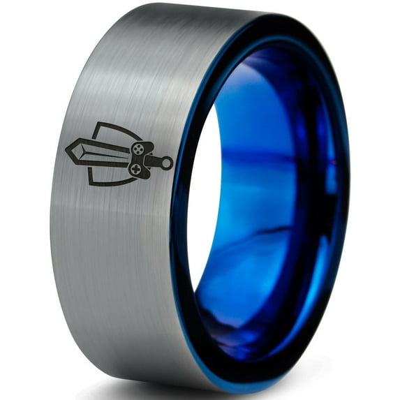 Tungsten Gaming Gamer Zelda Legend Sword Shield Band Ring 8mm Men Women Comfort Fit Blue Flat Cut Brushed Gray Polished