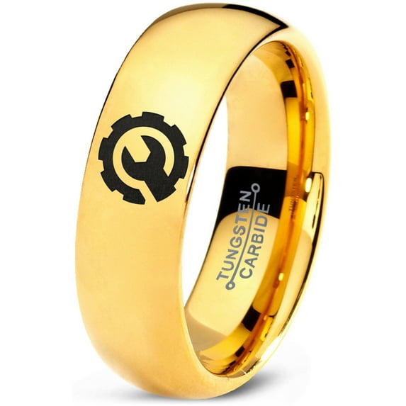Tungsten Gear Mechanic Engineer Wrench Band Ring 7mm Men Women Comfort Fit 18k Yellow Gold Dome Polished