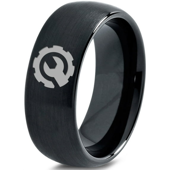 Tungsten Gear Mechanic Engineer Wrench Band Ring 8mm Men Women Comfort Fit Black Dome Brushed Polished