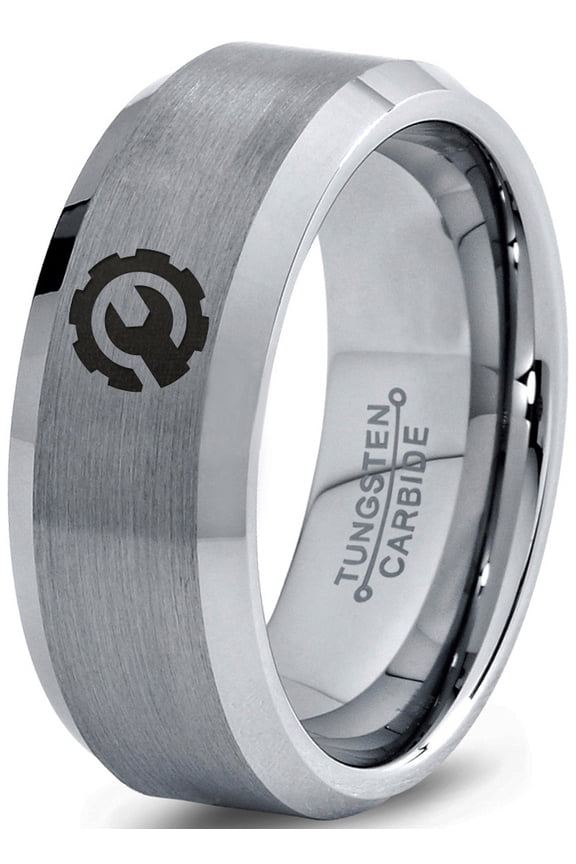 Tungsten Gear Mechanic Engineer Wrench Band Ring 8mm Men Women Comfort Fit Gray Bevel Edge Brushed Polished