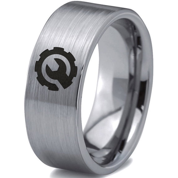 Tungsten Gear Mechanic Engineer Wrench Band Ring 8mm Men Women Comfort Fit Gray Flat Cut Brushed Polished
