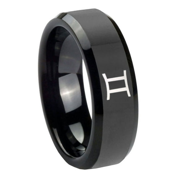 Tungsten Gemini Zodiac 8mm Glossy Black Polished Beveled Edges Men Ring