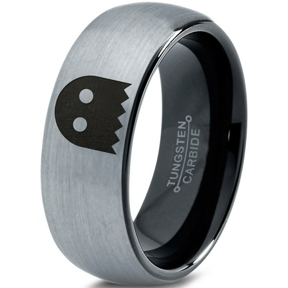 Tungsten Ghost Blanket Eyes Looking Band Ring 8mm Men Women Comfort Fit Black Dome Brushed Gray Polished
