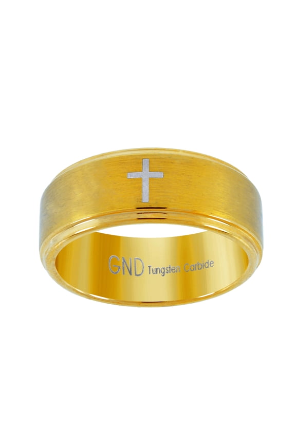 Tungsten Gold-tone Center Bushed Religious Faith Cross Step Edges Mens Comfort-fit 8mm Size 8 Wedding Anniversary Ba Rin