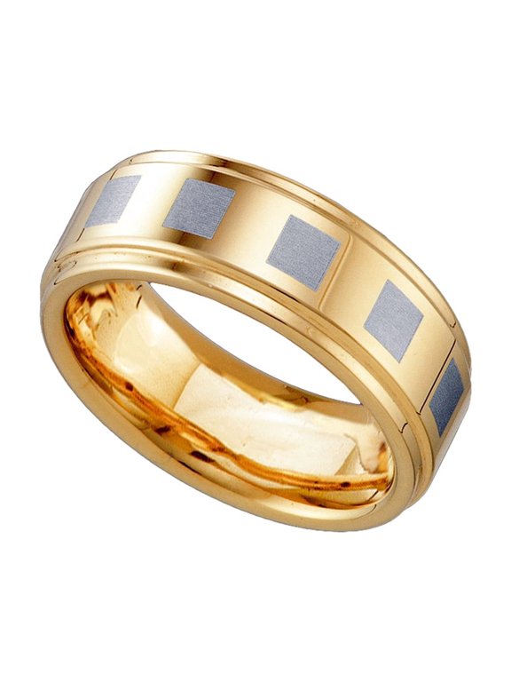 Tungsten Gold-tone Etched Box Pattern Step Edges Mens Comfort-fit 8mm Size 10 Wedding Anniversary Ba Ring for Men