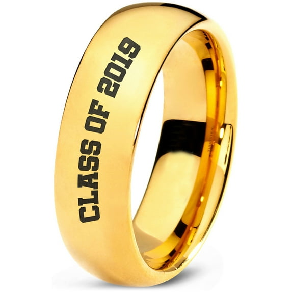 Tungsten Graduating Class Of 2019 Band Ring 7mm Men Women Comfort Fit 18k Yellow Gold Dome Polished