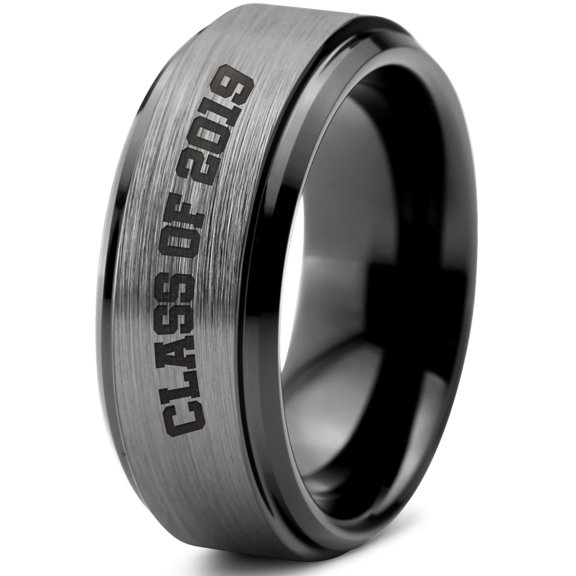 Tungsten Graduating Class Of 2019 Band Ring 8mm Men Women Comfort Fit Black Step Bevel Edge Brushed Gray Polished