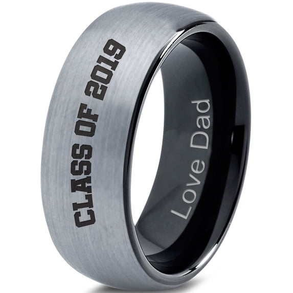 Tungsten Graduating Class Of 2019 Engraved Love Dad Band Ring 8mm Men Women Comfort Fit Black Dome Brushed Gray Polished