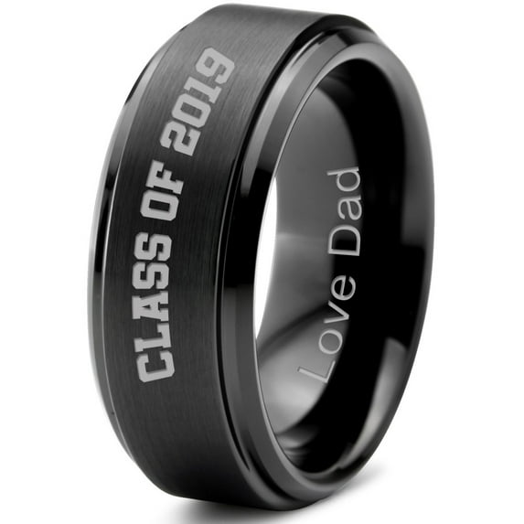 Tungsten Graduating Class Of 2019 Engraved Love Dad Band Ring 8mm Men Women Comfort Fit Black Step Bevel Edge Brushed Polished