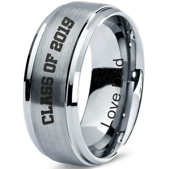 Tungsten Graduating Class Of 2019 Engraved Love Dad Band Ring 8mm Men Women Comfort Fit Gray Step Bevel Edge Brushed Polished
