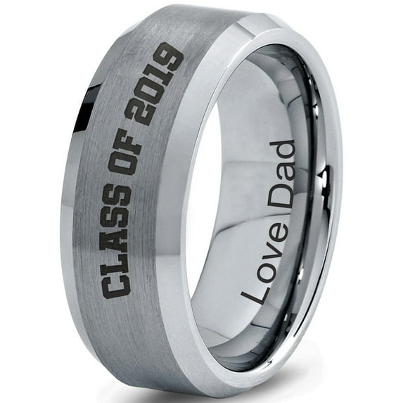 Tungsten Graduating Class Of 2019 Engraved Love Dad Band Ring 8mm Men Women Comfort Fit Gray Step Bevel Edge Brushed Polished