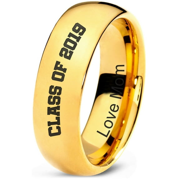 Tungsten Graduating Class Of 2019 Engraved Love Mom Band Ring 7mm Men Women Comfort Fit 18k Yellow Gold Dome Polished