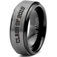thumbnail image 1 of Tungsten Graduating Class Of 2019 Engraved Love Mom Band Ring 8mm Men Women Comfort Fit Black Step Bevel Edge Brushed Gray Polished, 1 of 4