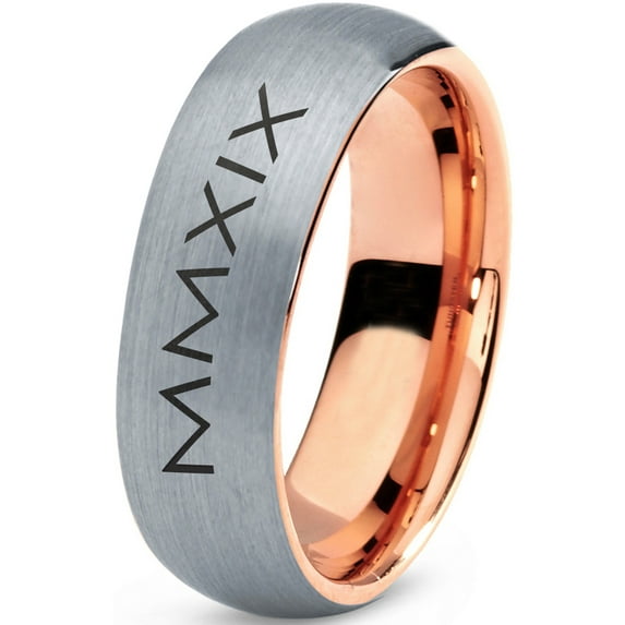 Tungsten Gradutaing Class Of 2019 Roman Numerals Engraved Band Ring 7mm Men Women Comfort Fit 18k Rose Gold Dome Brushed Gray Polished