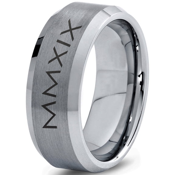 Tungsten Gradutaing Class Of 2019 Roman Numerals Engraved Band Ring 8mm Men Women Comfort Fit Gray Step Bevel Edge Brushed Polished