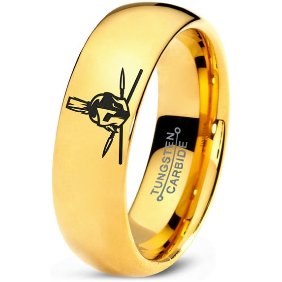Tungsten Greek Roman Helmet Mohawk Crossed Spears Band Ring 7mm Men Women Comfort Fit 18k Yellow Gold Dome Polished