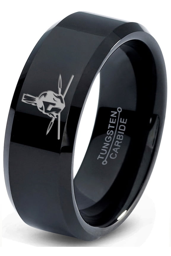 Tungsten Greek Roman Helmet Mohawk Crossed Spears Band Ring 8mm Men Women Comfort Fit Black Beveled Edge Polished